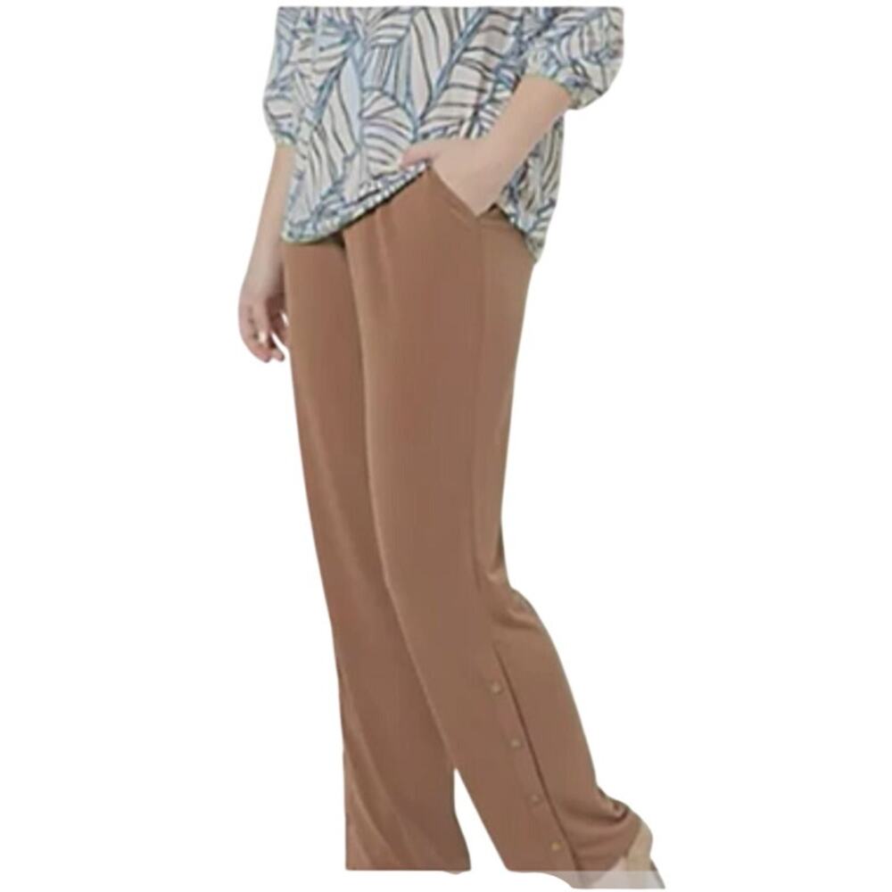 Susan Graver Women 1x Light Brown Liquid Knit Straight Leg Pants with Snaps